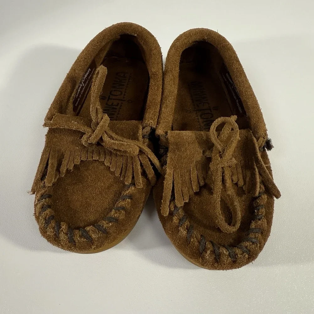 MINNETONKA Moccasins Toddler Size 7 Suede‎ Leather Brown Boy Girl Unisex EUC